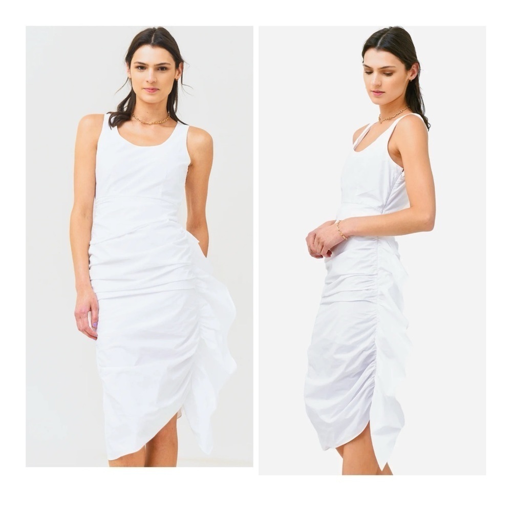 RHODE | Feminine Romantic White Cotton Side Ruffle Midi Elsie Dress | 2